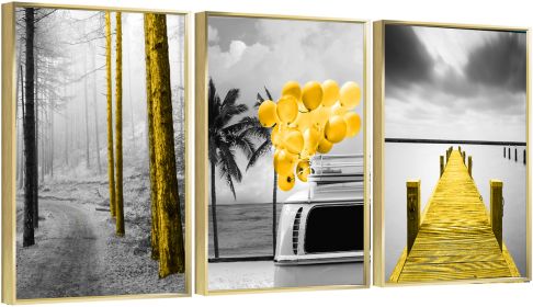 Framed Canvas Wall ArtOil Paintings Impressionism Aesthetic Prints Canvas Paintings for Living Room Bedroom Office Home; 3 Panels (GOLD: 16*24)